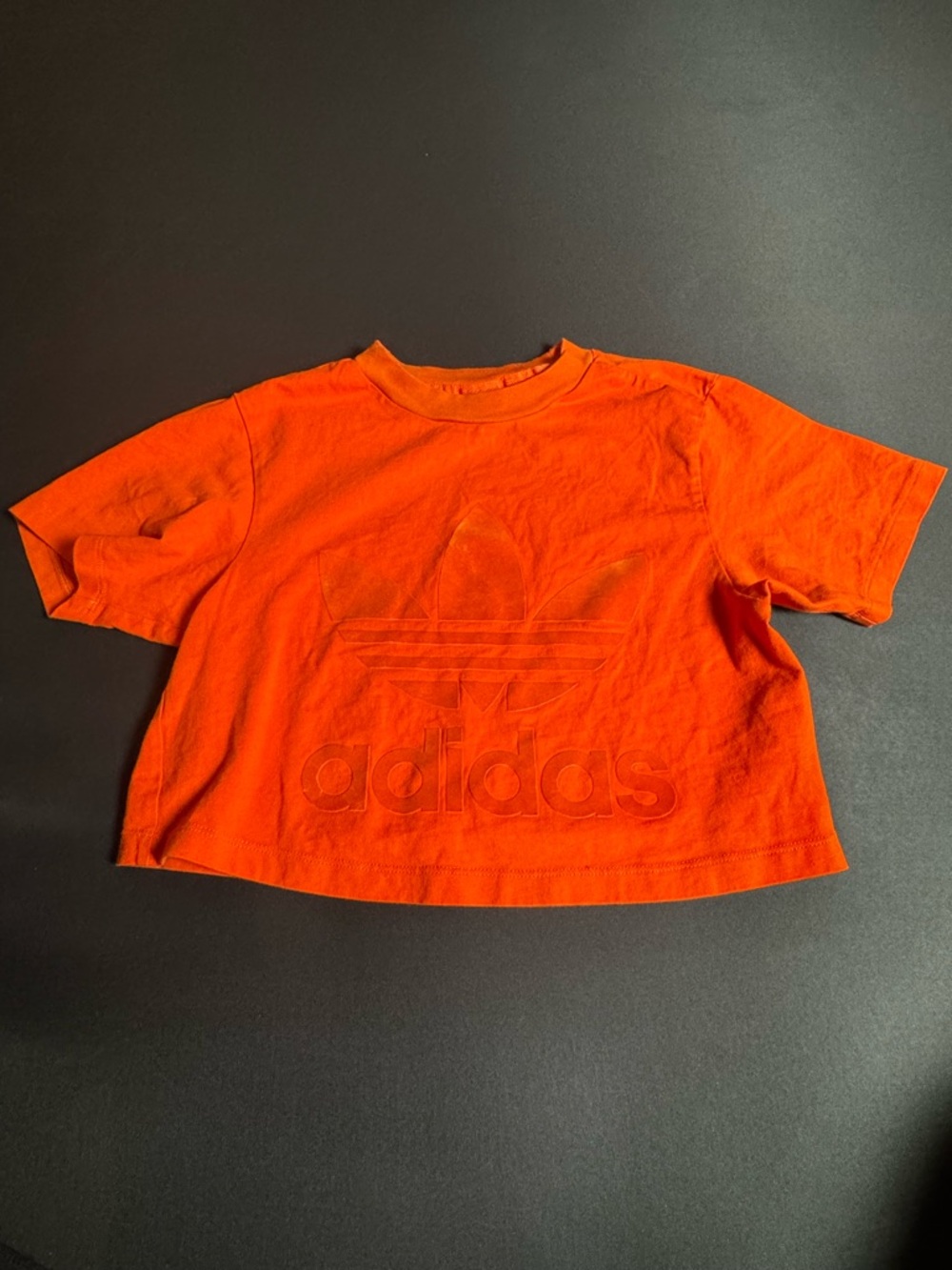 adidas Kids Bright Orange Cropped Tee Embossed Trefoil Streetwear